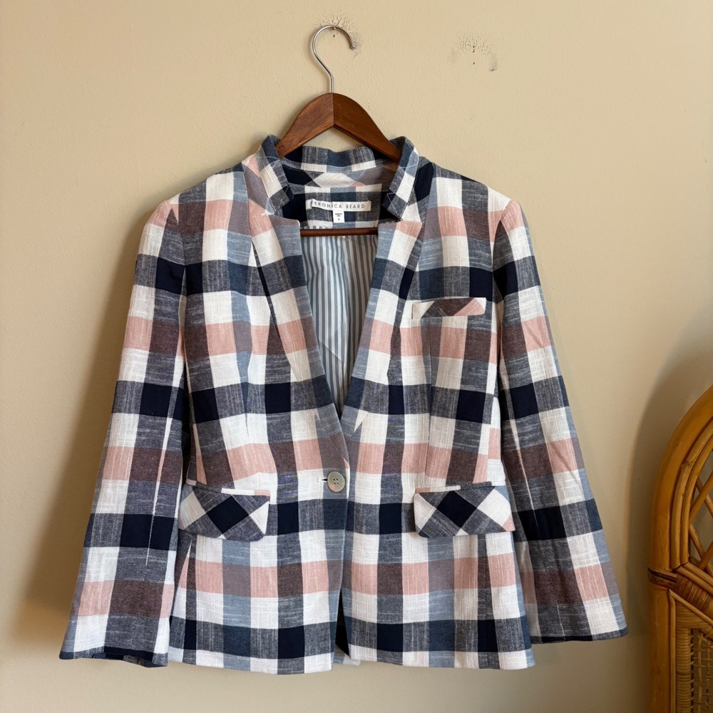 Veronica Beard Womens Schoolboy Pastel Plaid Upcollar Dickey Blazer Jacket
